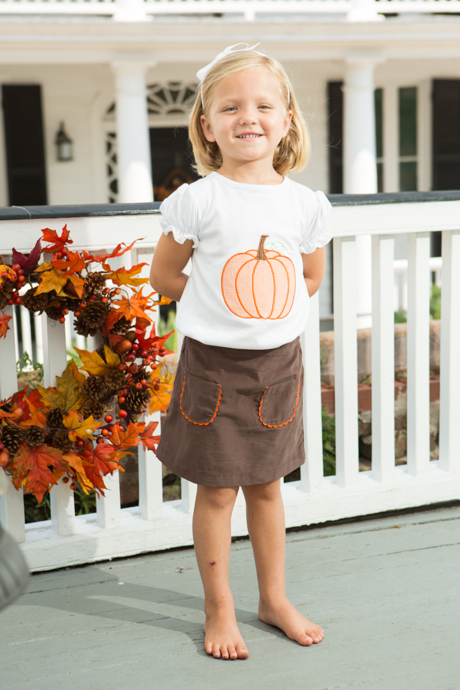 Monogrammed Fall Outfit for Toddlers Orange Gingham Skirt Set Little Girls Skirt /& Personalized Tee Girls Embroidered Pumpkin Shirt